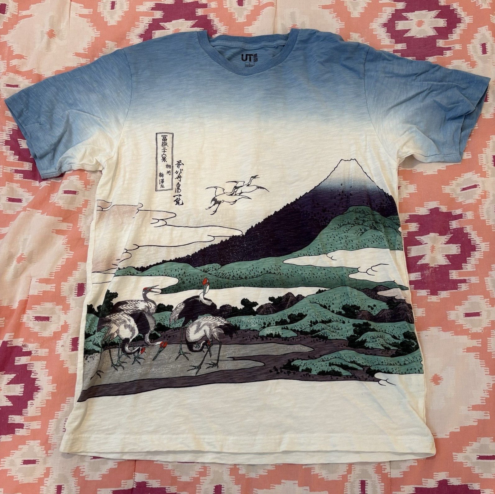 Uniqlo Hokusai Blue T-Shirt Men large Blue Mt Fuji Cranes Graphic Art Tee RARE