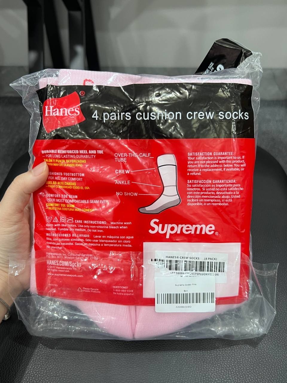 Supreme Hanes Pink Crew Socks 4 Pack Size 6-12 Unisex Streetwear