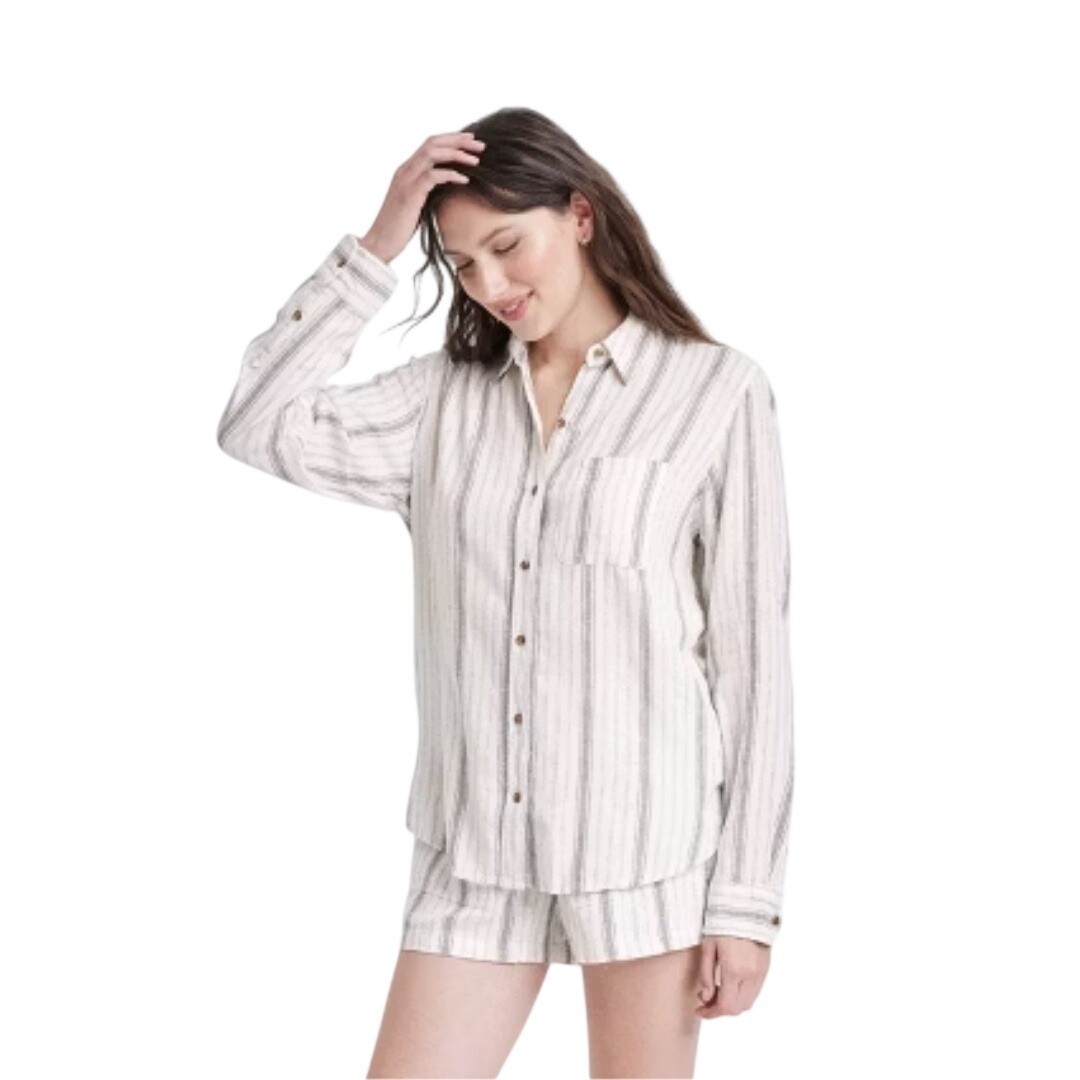 Universal Thread Women’s Gray Linen Blend Striped Button Down Shirt Size M