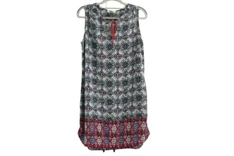 BeachLunchLounge Sleeveless Shift Top Boho Geometric Print Tassel Tie Size M
