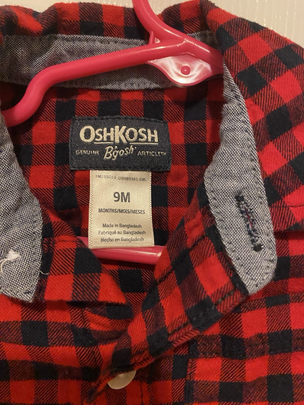 OshKosh B’gosh 9M Red/Black Plaid Flannel Cotton Bodysuit Long Sleeve Button