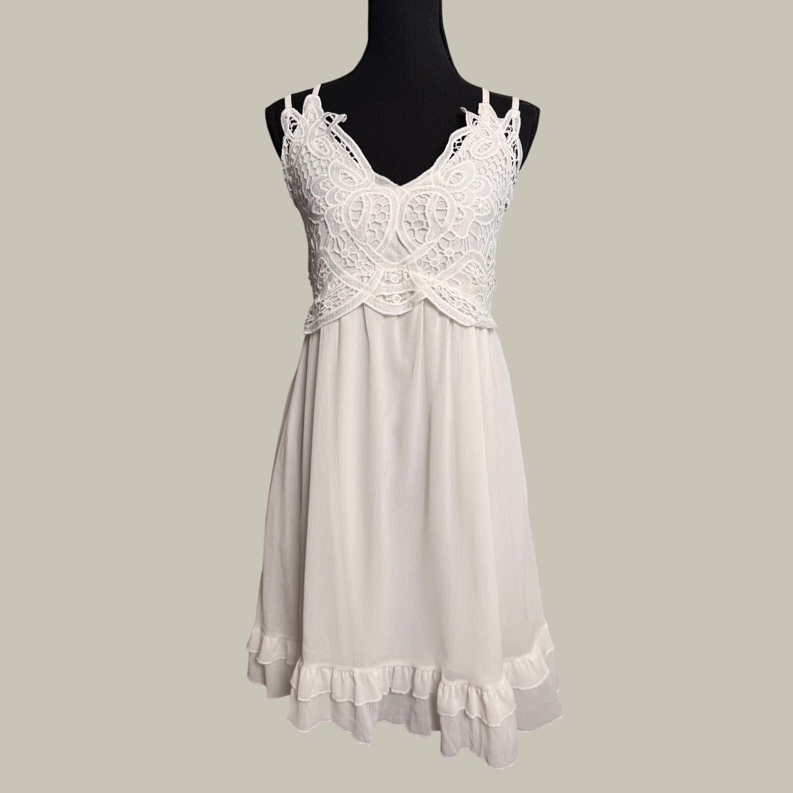 Fairycore White Crochet Lace Boho Mini Dress Smocked Back Coquette Large