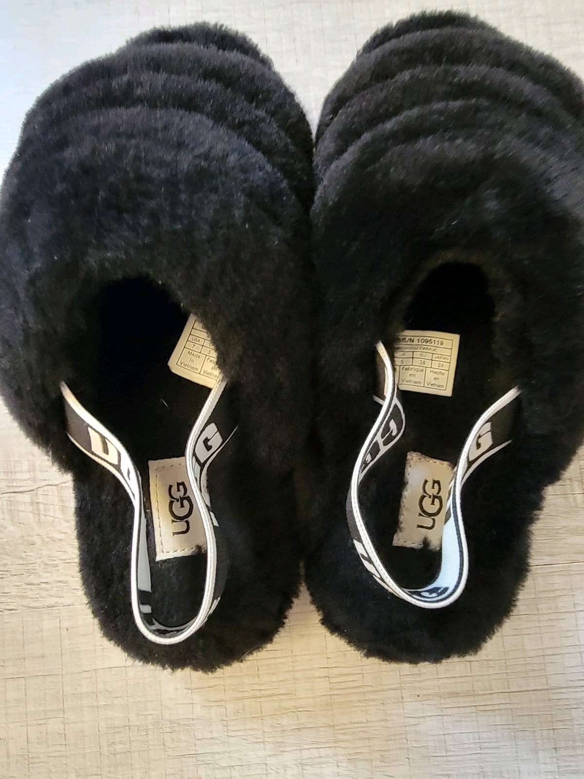 Women’s 7M UGG Fluff Yeah 1095119 Slingback Sandals Black Slipper Shearling Fur