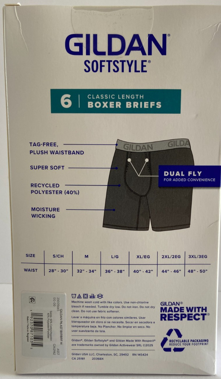 Gildan Softstyle Boxer Briefs 6 Pack Men’s Medium Moisture Wicking Dual Fly NEW