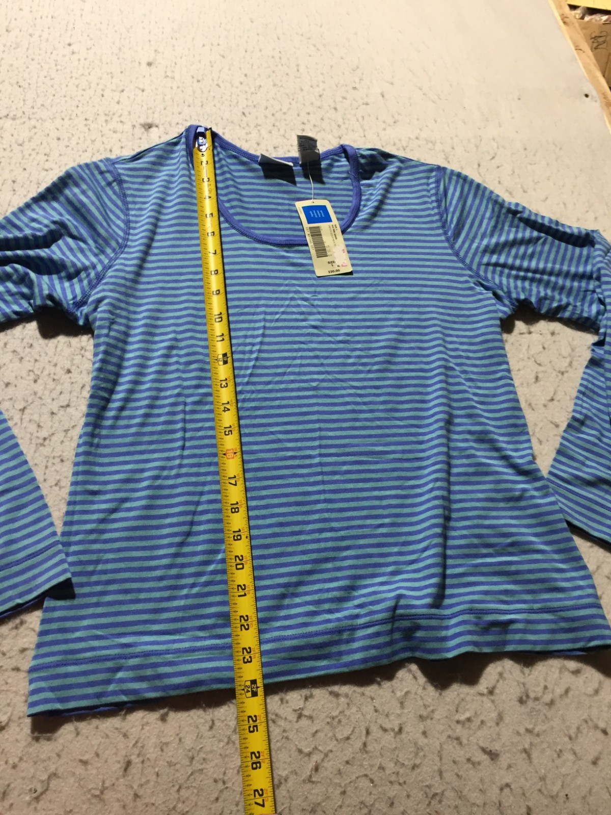 NEW Covington Stretch Shirt Womens L Large 14-16 Blue Striped Long Sleeve Scoop
