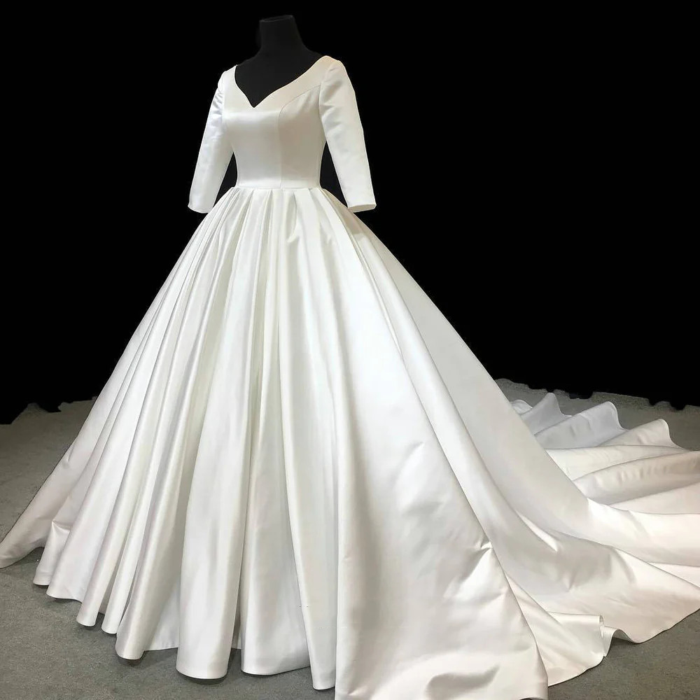 Classic Wedding Dresses V Neck Half Sleeve Satin White Ivory A Line Bridal Gowns
