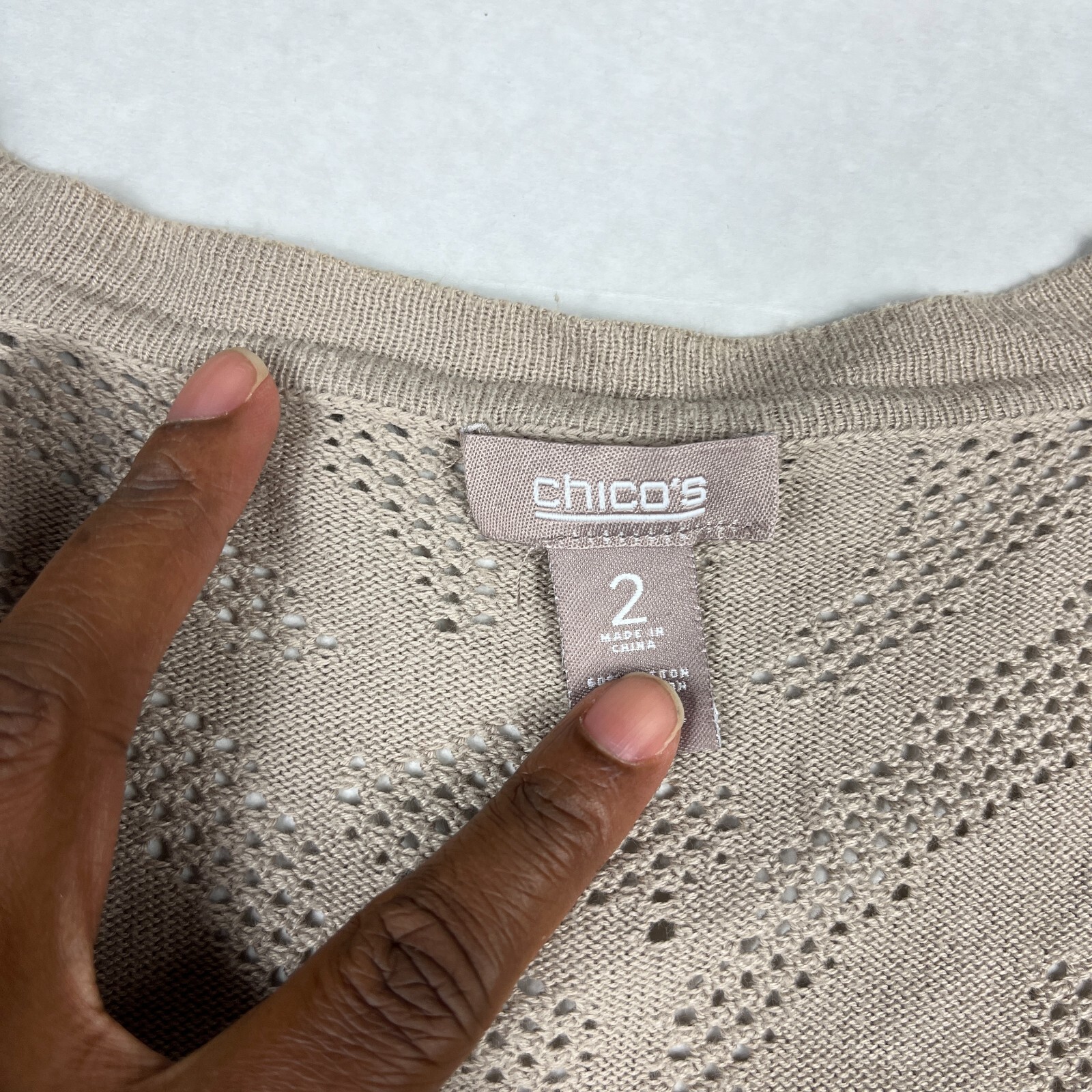 Chicos Longline Open Front Cardigan Tan Tonal Jacquard Layering Knit Sweater 2 L
