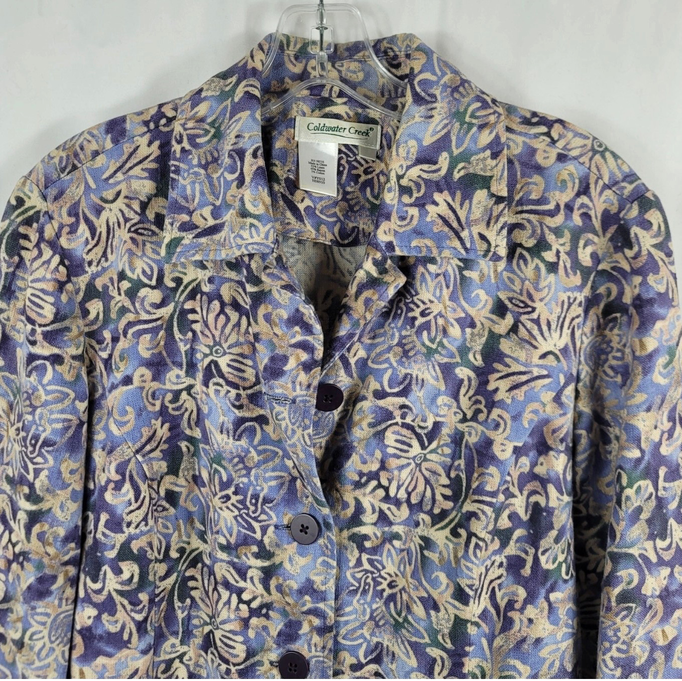 COLDWATER CREEK Purple/Beige/Green HEAVY LINEN BLEND JACKET Floral/Scrolls SZ L