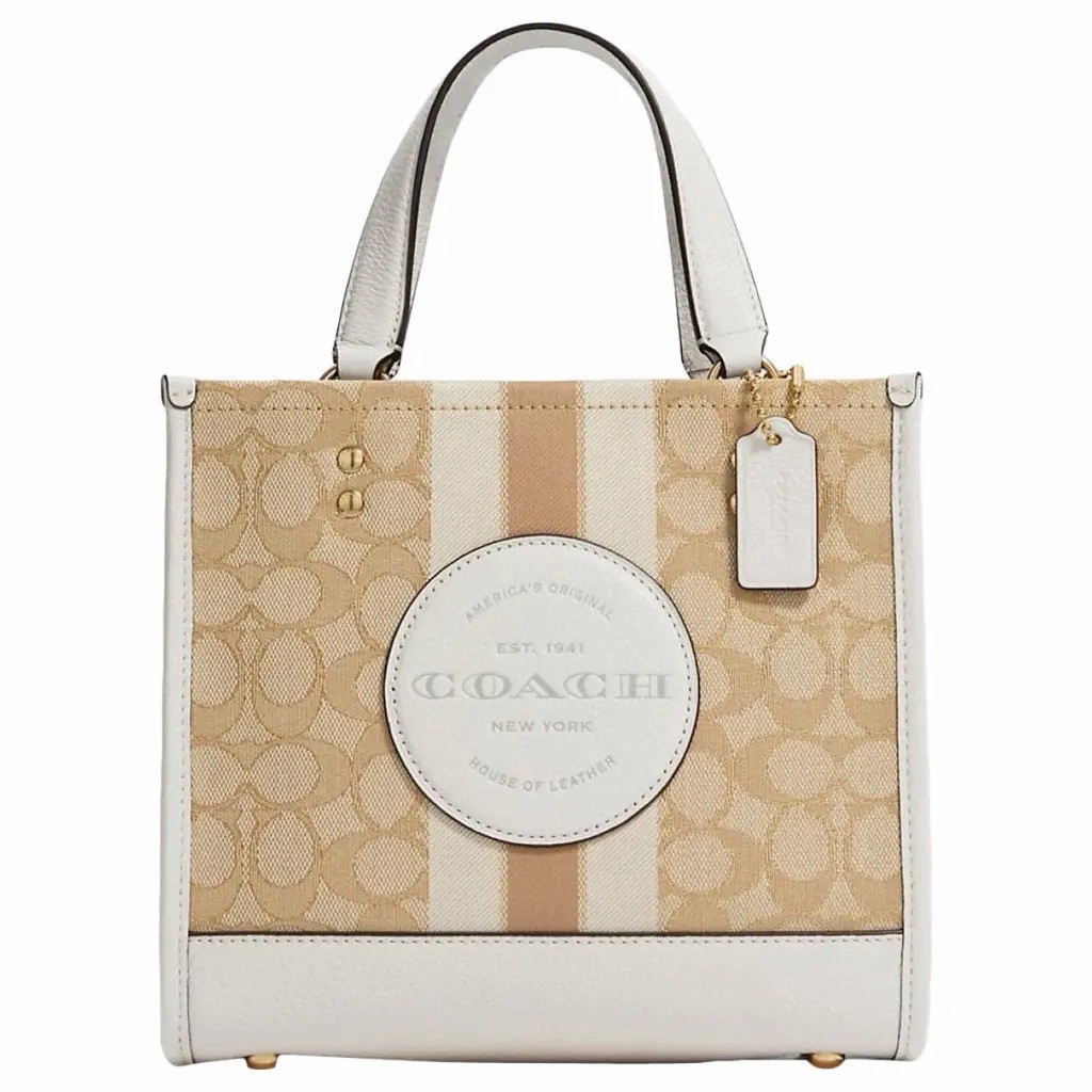 NWT Coach Dempsey Tote 22In Signature Jacquard With Stripe And Coach Patch Beige