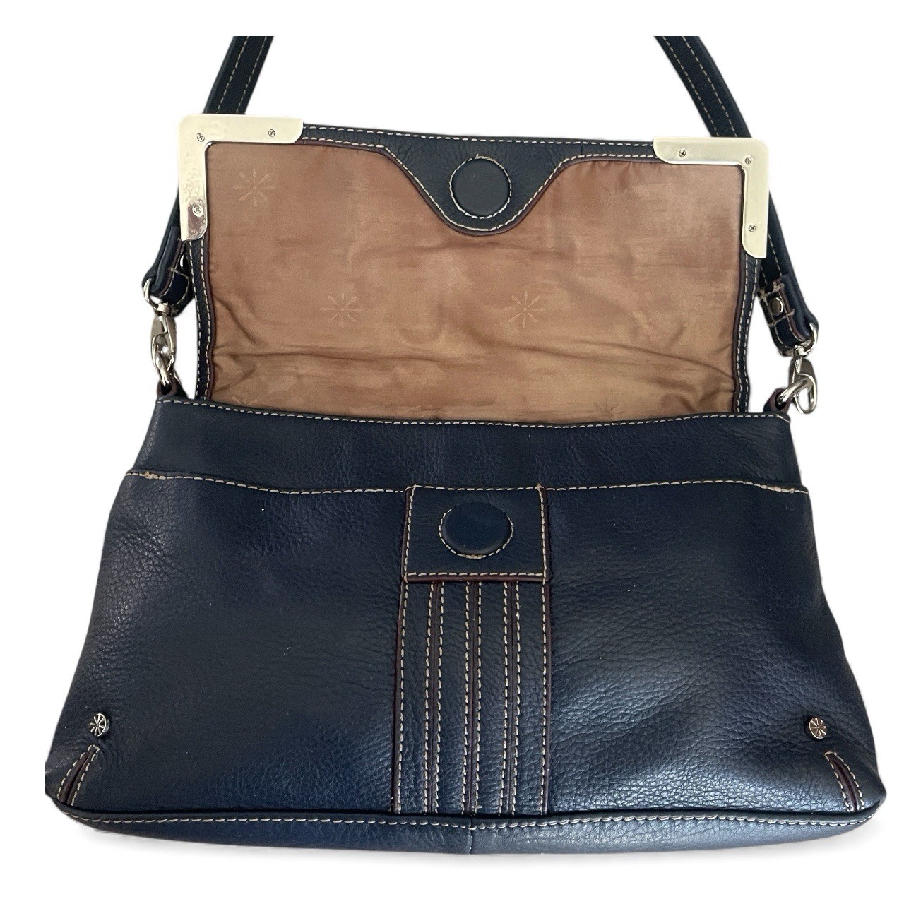 Isaac Mizrahi Navy Leather Shoulder Bag Burgundy Accents Pebble Grain Purse