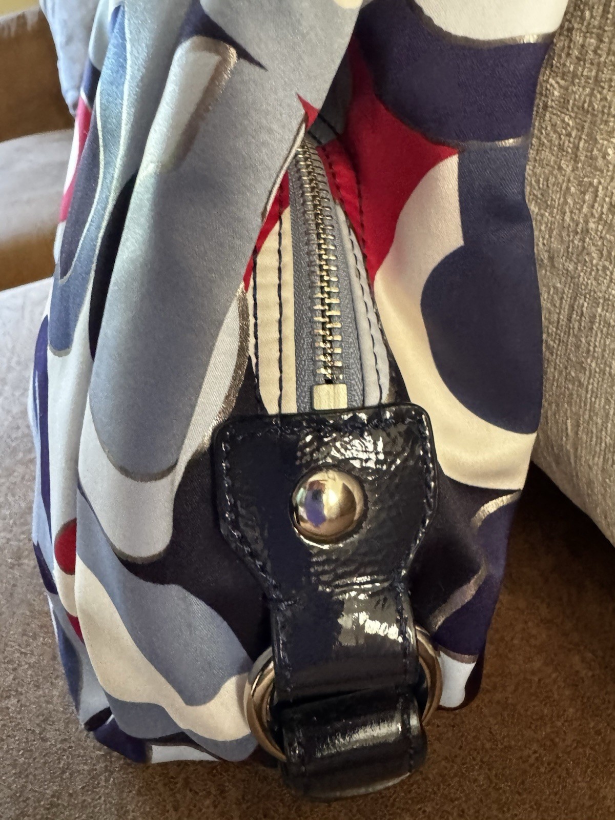 Coach Y2K Signature C Multicolor Logo Shoulder Bag Zip Closure Black Patent Trim