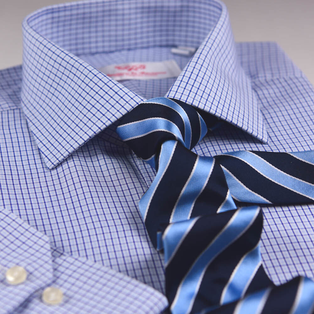 Light Blue Mens Formal Business Dress Shirt Plaids & Checks With Standard Cuff
