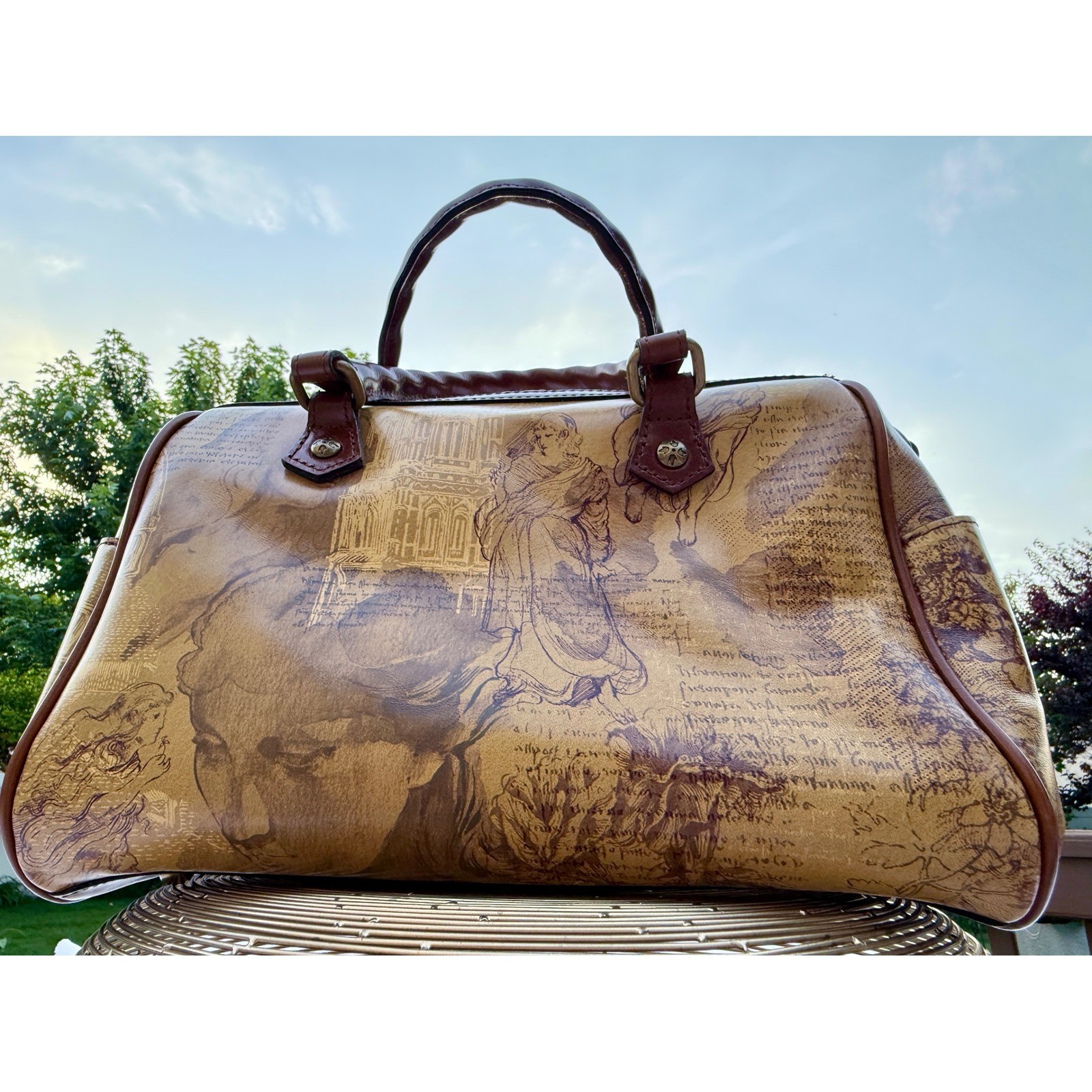 Rare Retired Patricia Nash Leather Satchel Italian Sketchbook Print Bag Tan