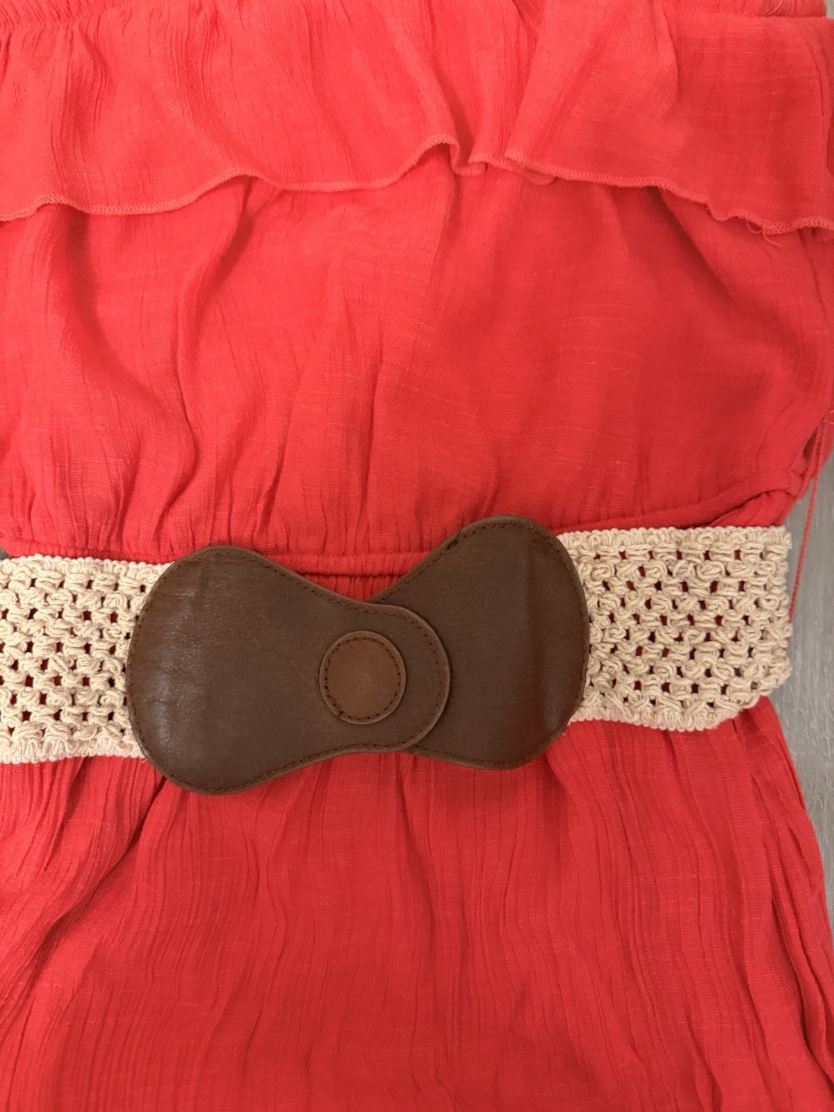 Bongo Coral Strapless Ruffle Maxi Dress w/ Belt Solid Sleeveless Long Size L/G
