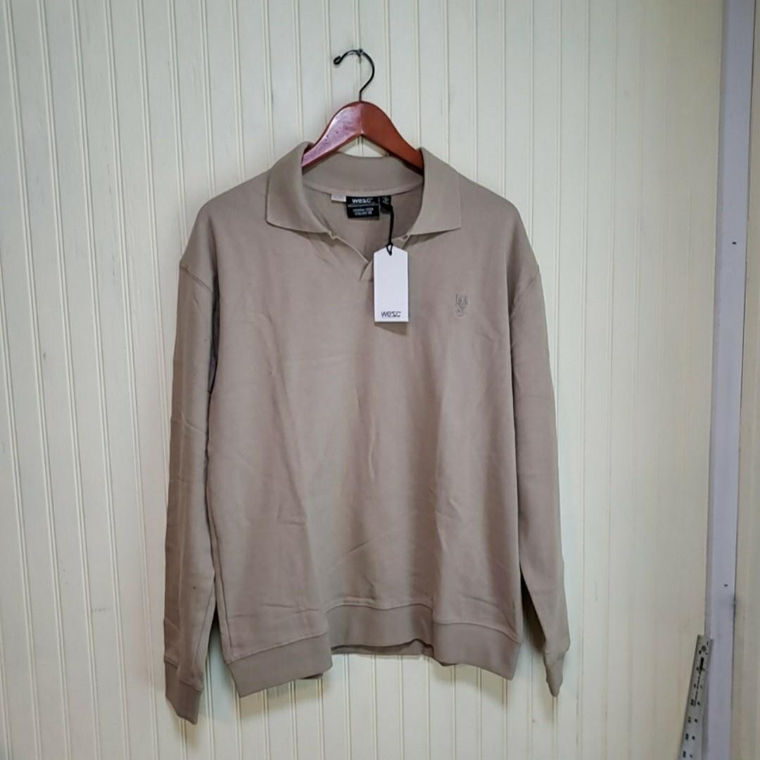 WeSC Sweatshirt Mens Large Beige Collared Pullover Knit Embroidered Logo