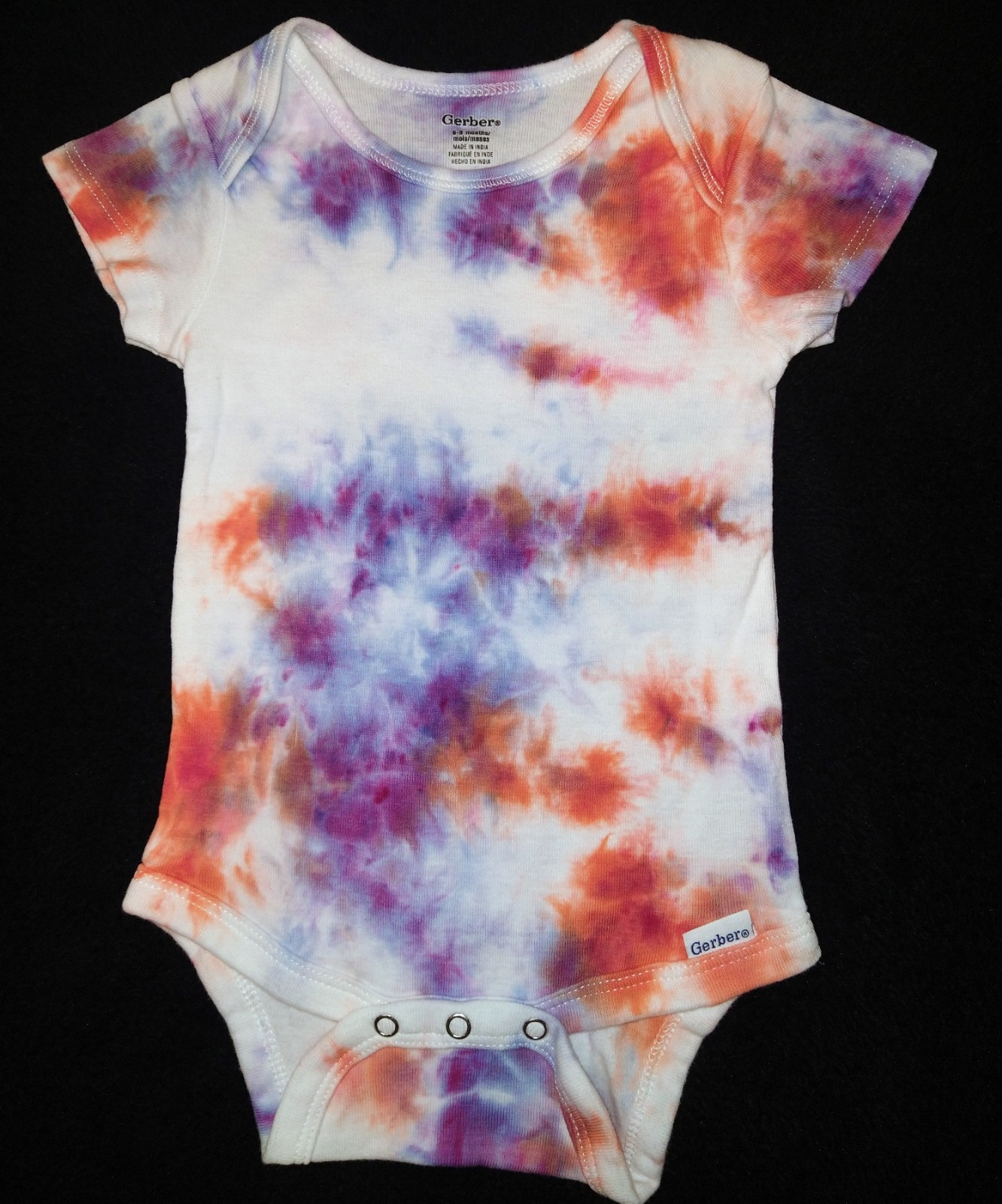 Purple, Orange, White & Blue Ice Dye Tie Dye Baby Onesie ~ Sz 6-9 M