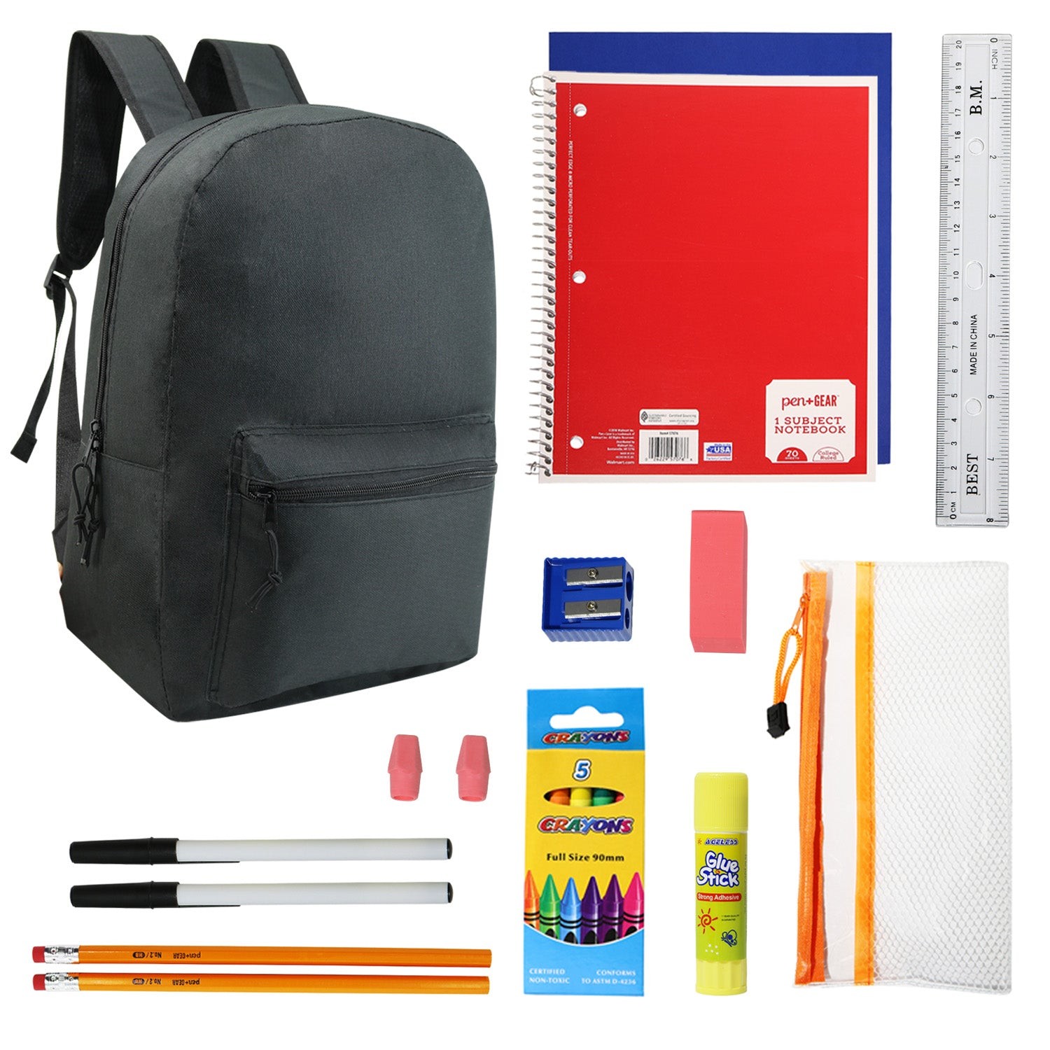 6-pack 17″ Bulk Backpacks with 18 Piece School Supplies Kit in Black Color