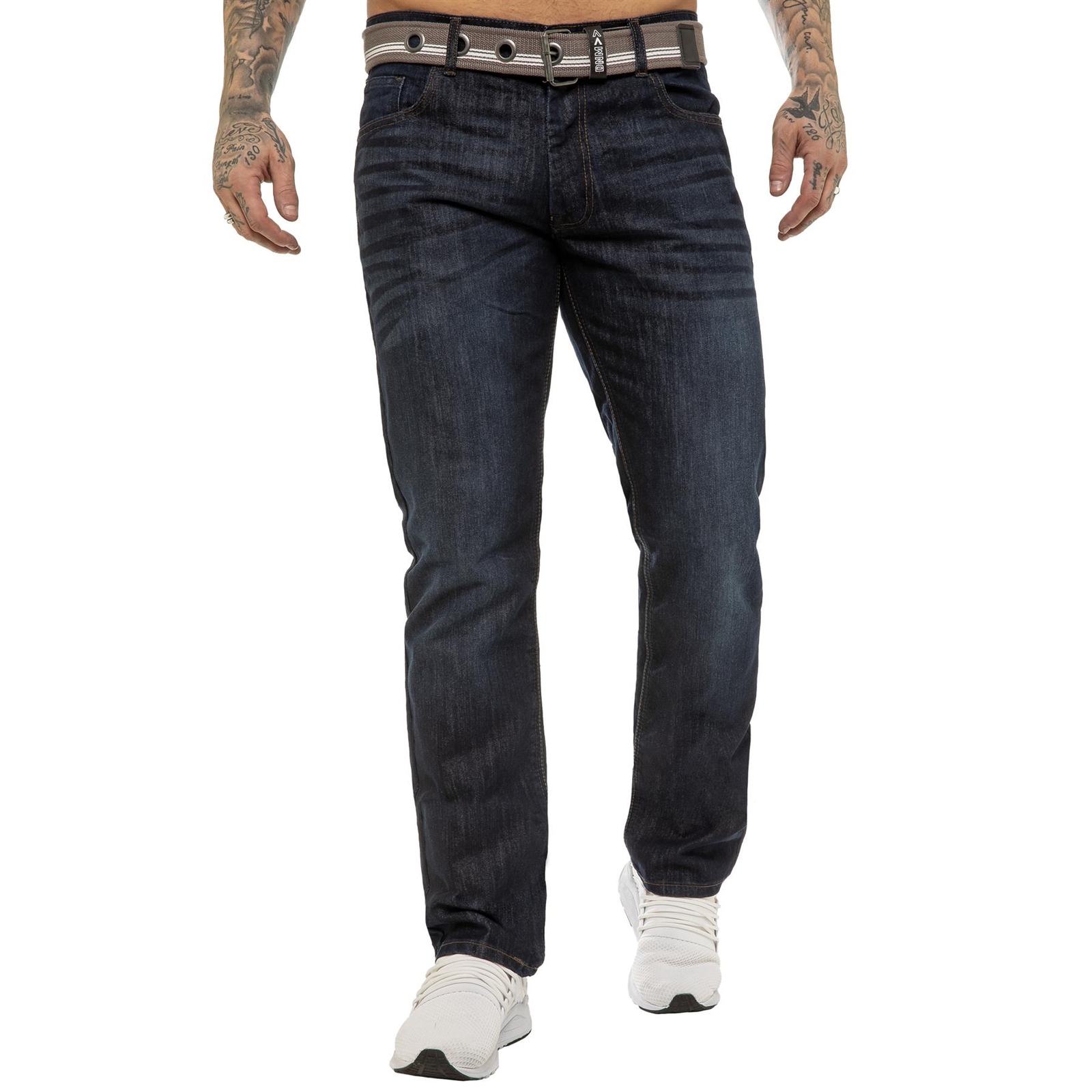 Enzo Jeans Mens Straight Leg Denim Trouser Belted Regular Fit Pants All UK Sizes