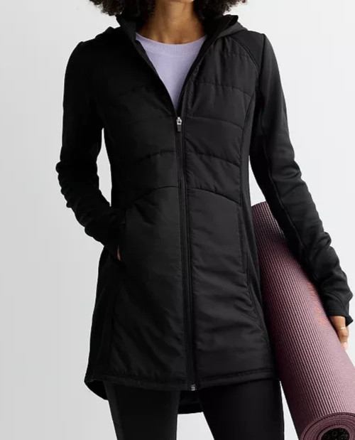 Tek Gear Women’s Black Hooded Mixed Media Long Jacket (WT5FV203RS) Sizes S/M-NWT