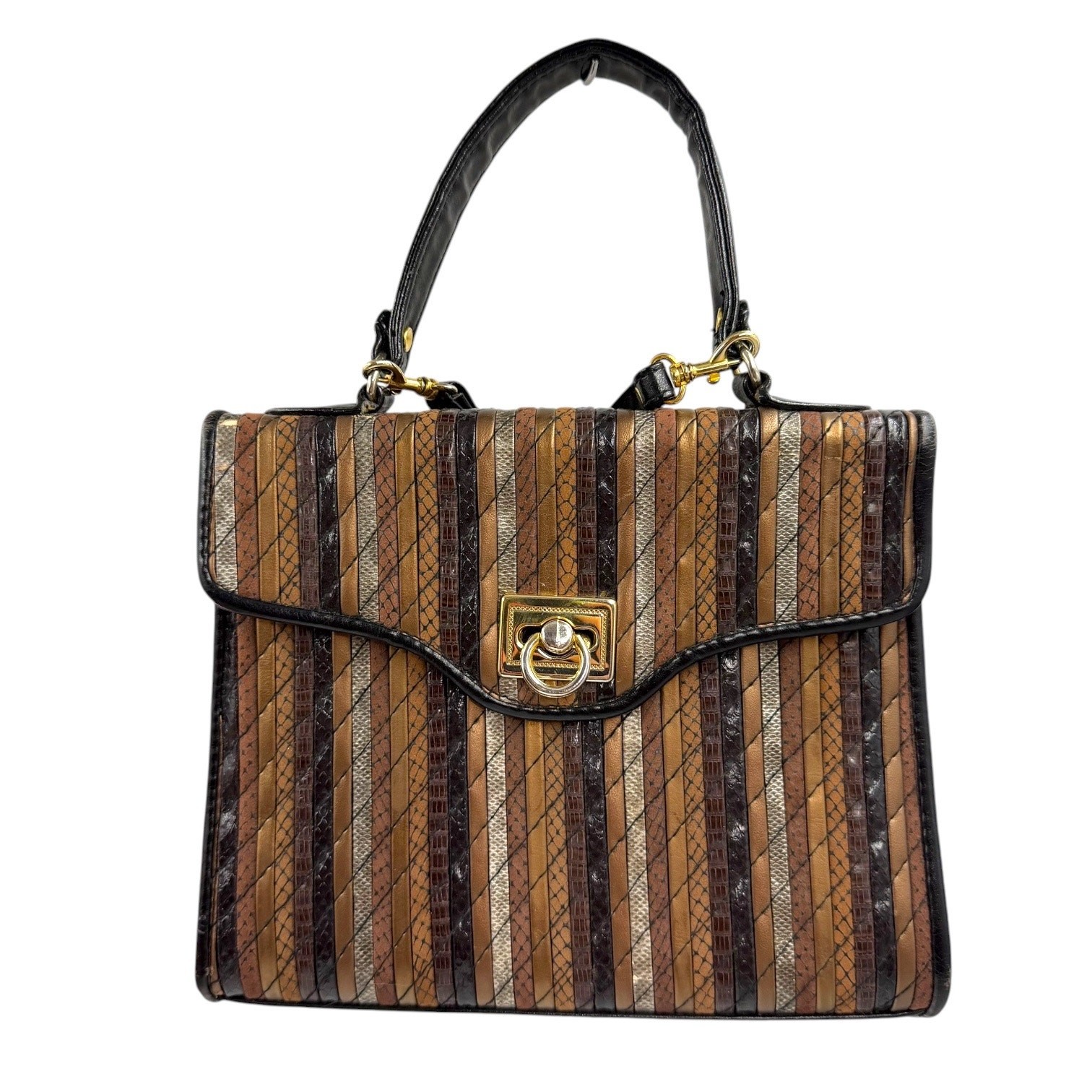 Vtg 80s Multi Patchwork Exotic Skin Satchel Bag Top Handle Gold Clasp Purse