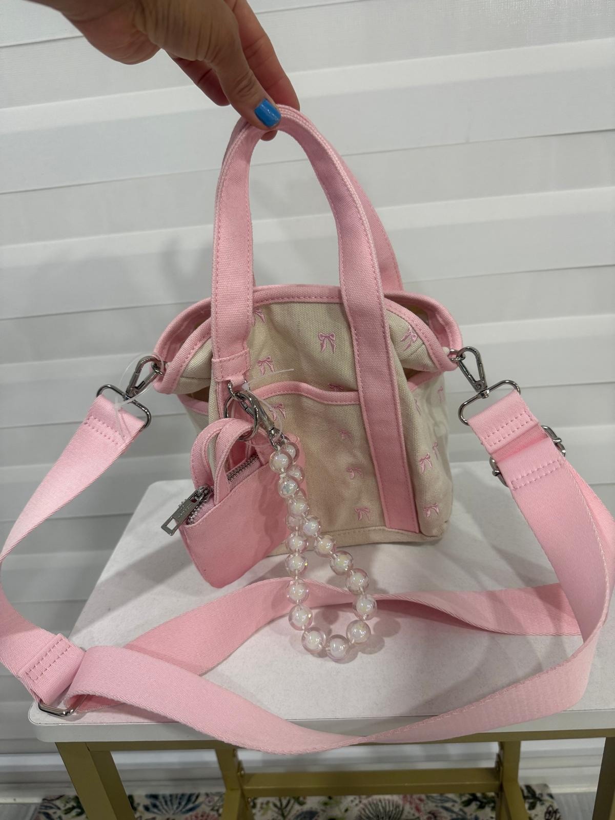 Madden Girl Mini Tote Pink Canvas Bow Bag with Charm & Pouch women