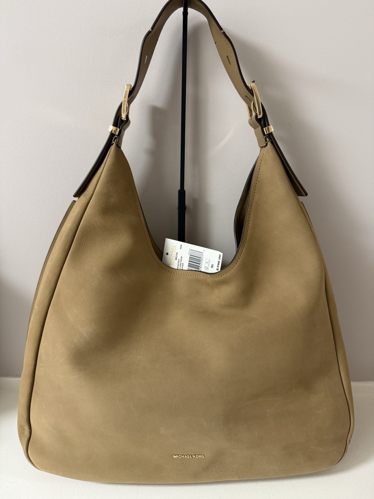 Michael Kors Tan Suede Shoulder Bag, Gold Hardware, Buckle, Detachable Strap