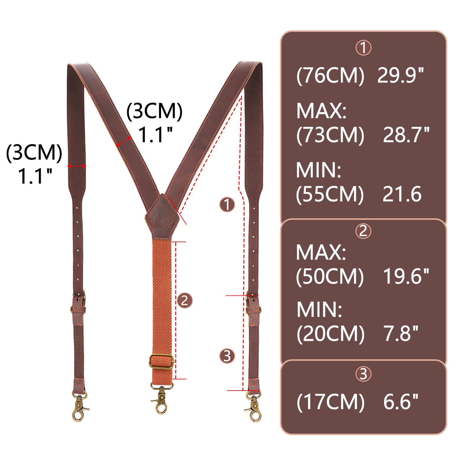 Tourbon Men’s Suspenders Y Back Adjustable Leather Y-Shaped 3 Hooks Pants Braces