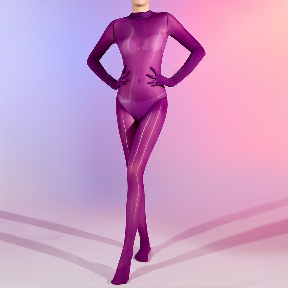 9C Tights 5D Oil Glossy Bodysuit Sheer See Through One-Piece High Neck Leotard