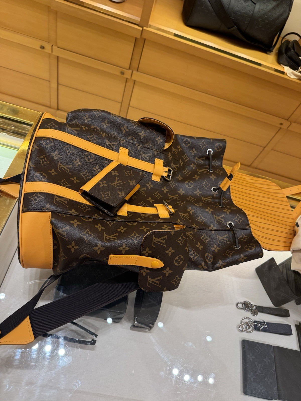 Louis Vuitton Monogram Medium Backpack Brown/Tan Drawstring Buckle Adj Strap
