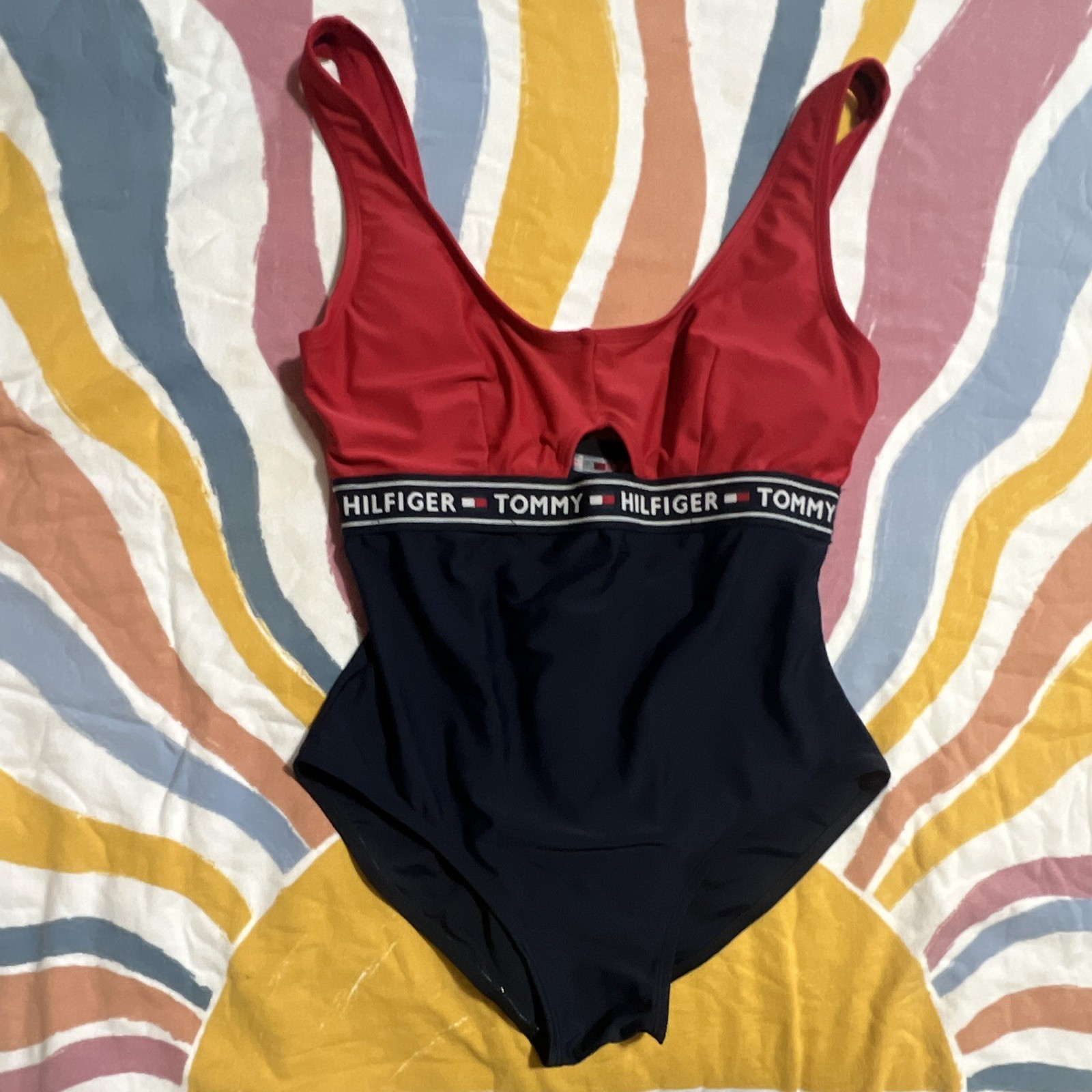 Tommy Hilfiger Women’s One-Piece Swimsuit Red/Navy Logo Band L D Cup