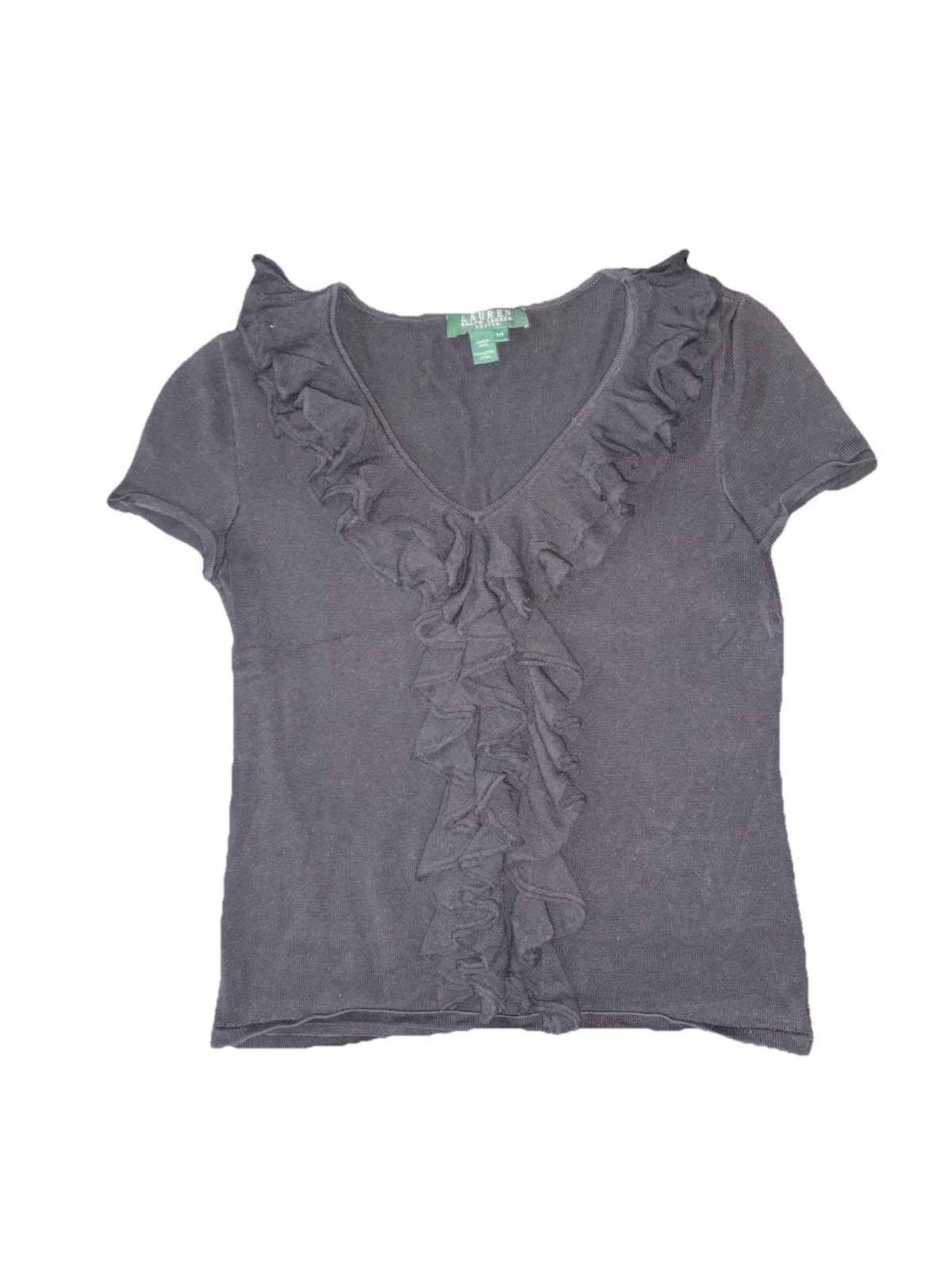 Lauren Ralph Lauren Petite Ruffle Short Sleeve Black Shirt Women Size PP