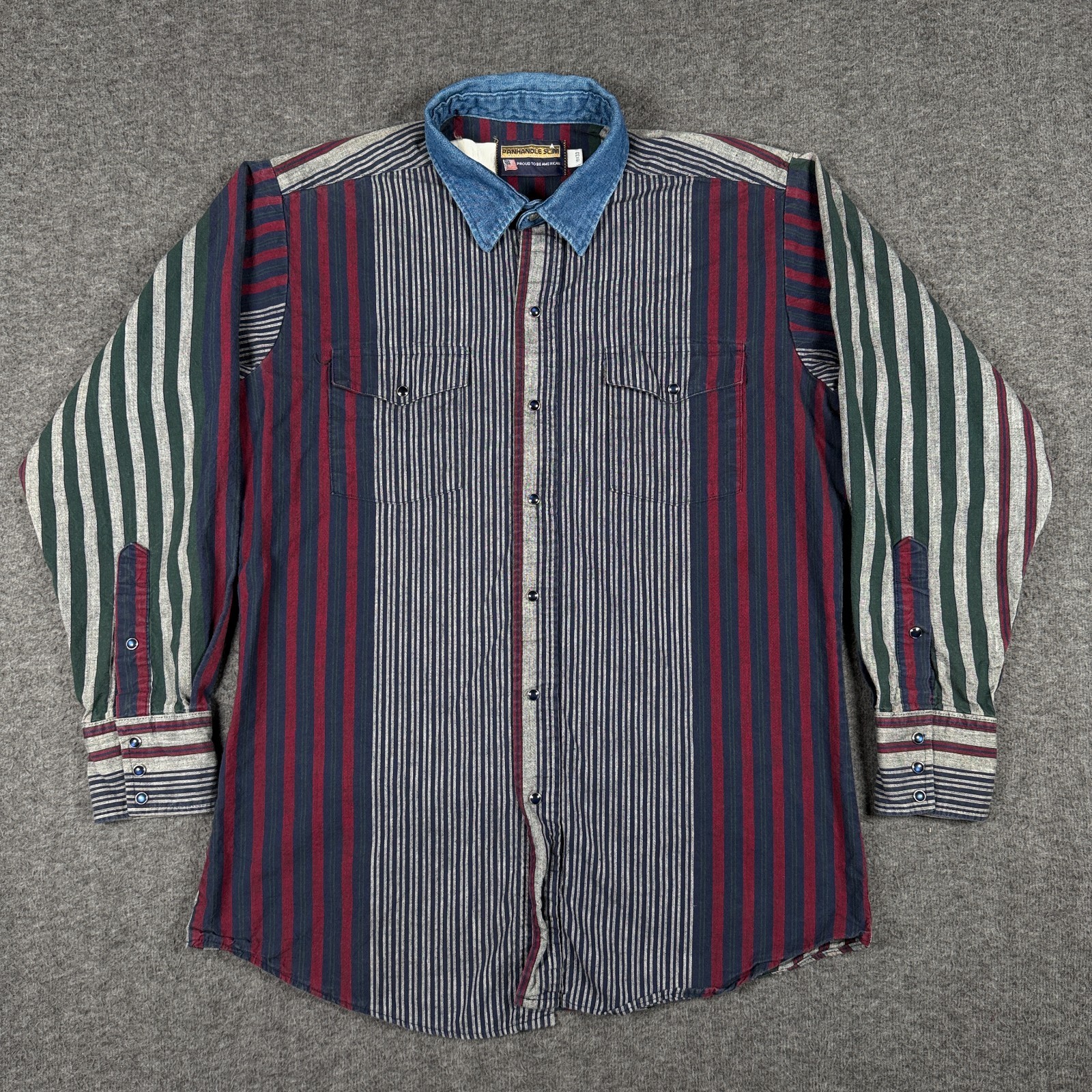 VTG Panhandle Slim Shirt Mens Medium 16×33 Multi Stripe Western USA Denim Collar