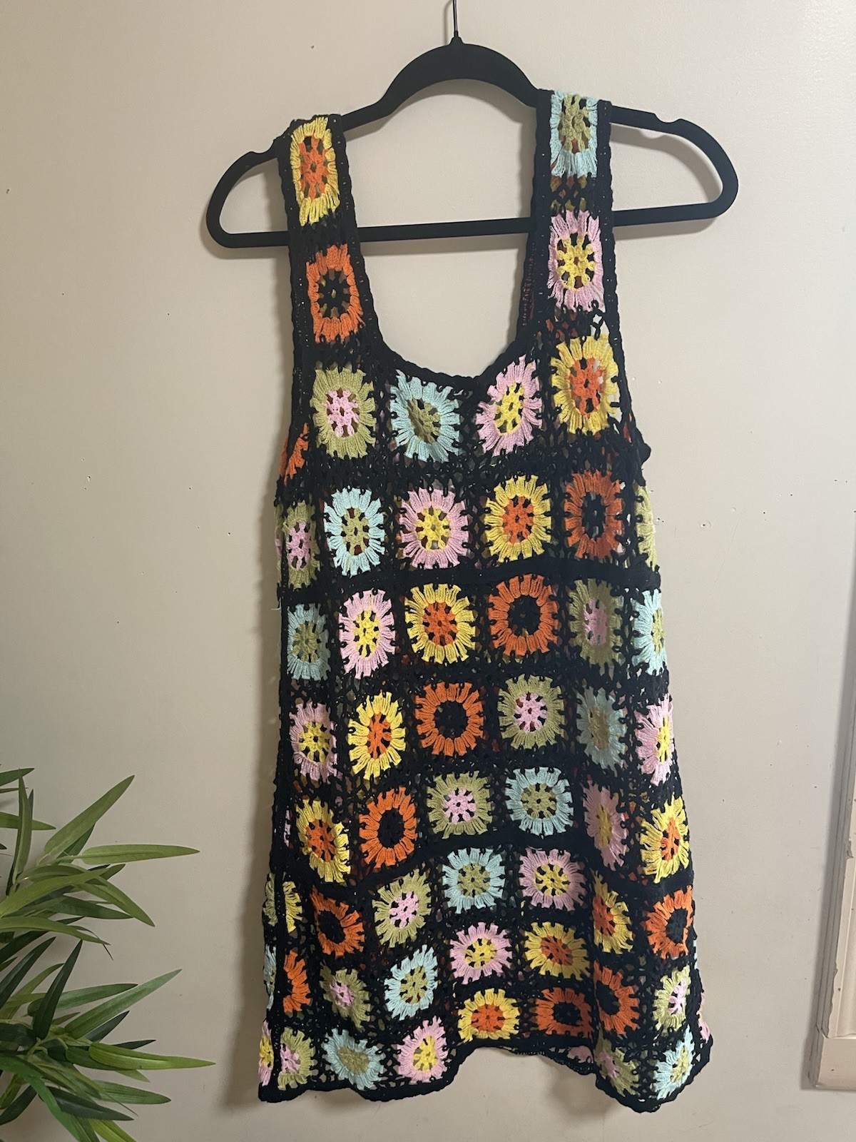 India Boutique Multicolor Crochet Granny Square Tank Top Square Neck One Size