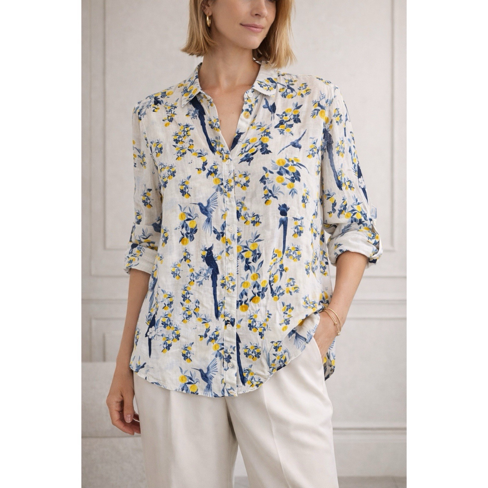 Isaac Mizrahi Size 2X 100% Linen Blouse Blue Yellow Bird Floral Roll Tab Sleeve