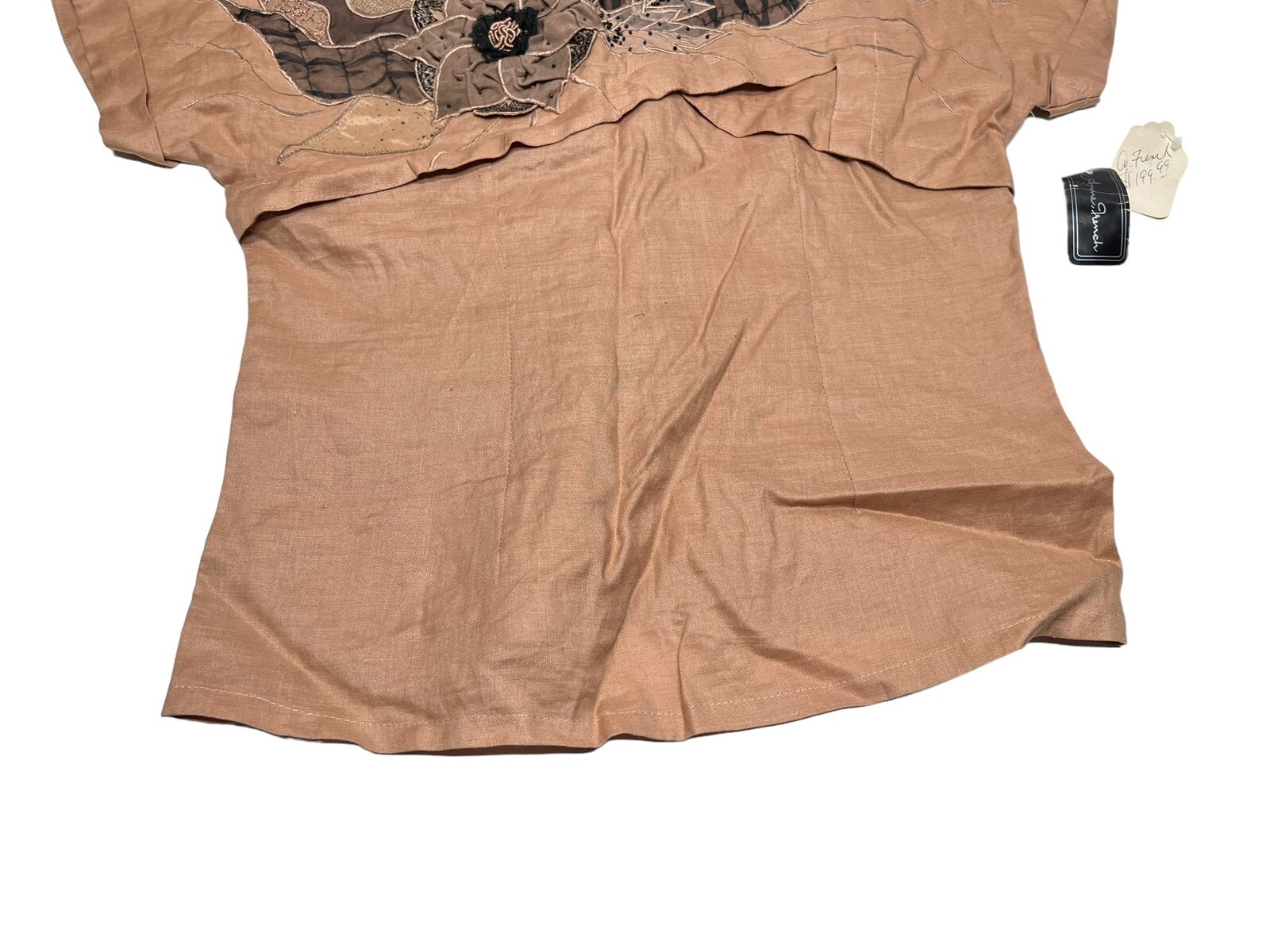 Vtg NOS Anne French Artsy Art to Wear Embellished 100% Ramie Blouse SZ 10 Khaki