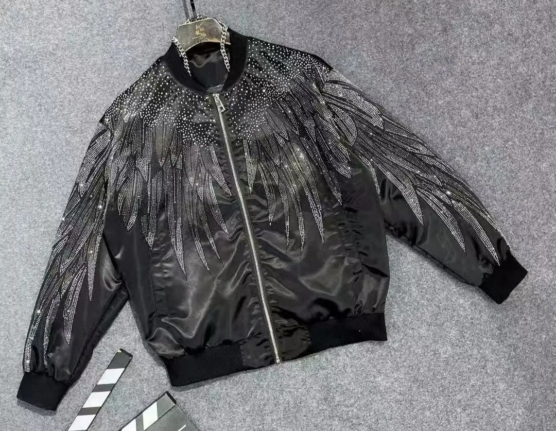 New Men Luxury Diamond Wings Rhinestones Fashion Black Jacket Coat High Quality