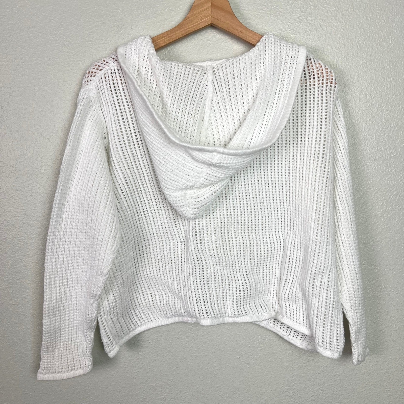 Chicos Womens White Open Knit Cotton Hoodie Sweater Size 2 (Large) Boxy Beach