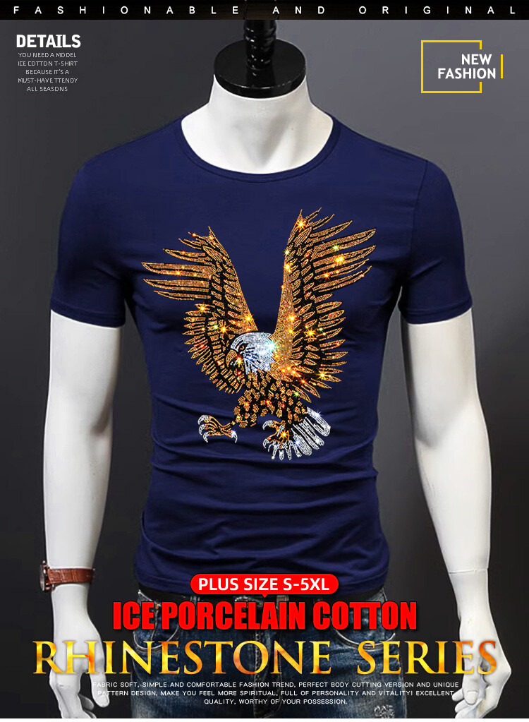 Men Fashion Diamonds T-Shirt Hawk Eagle 3D Rhinestones Hot Drill Short Sleeve