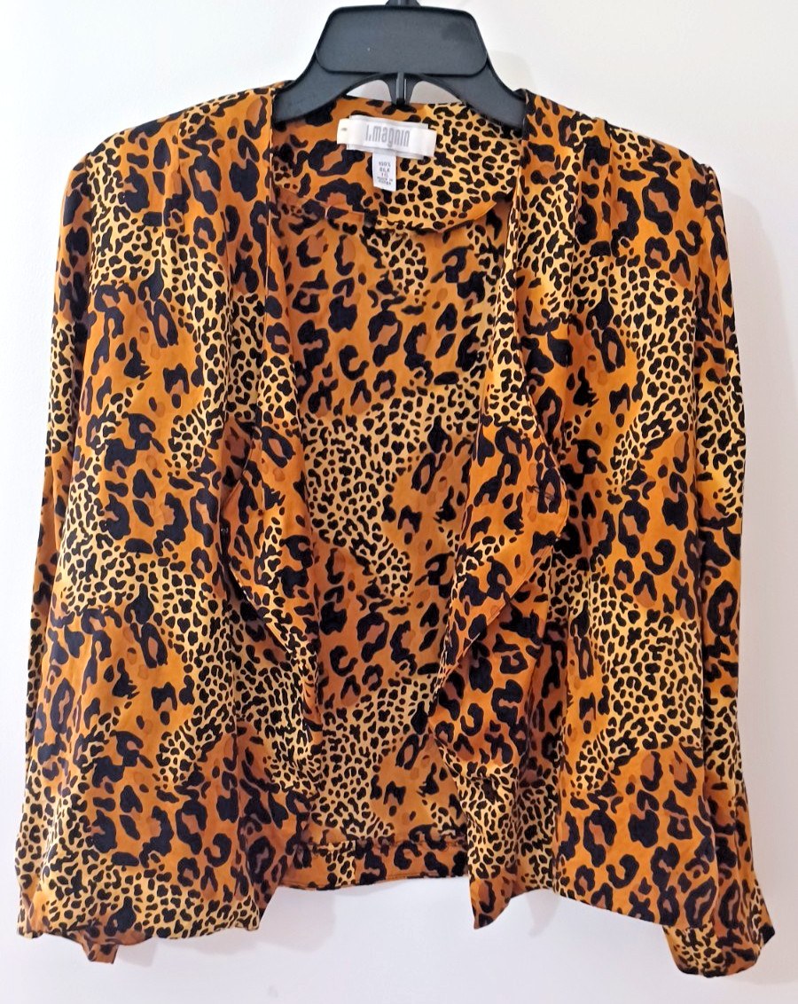 I Magnin Vintage Blouse Leopard Print – 100% Silk (1980’s – 1990’s) Size 16 ***