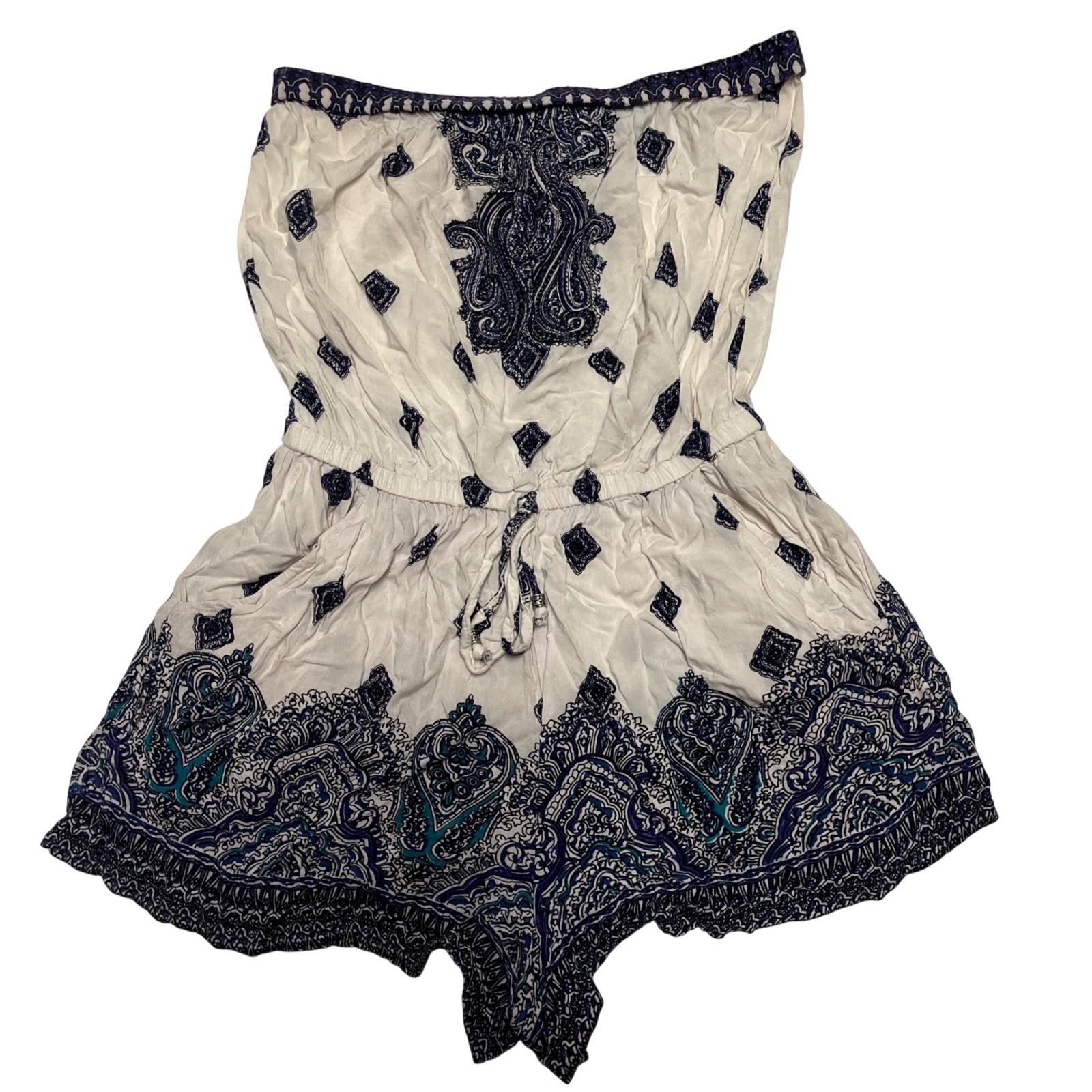 Blue White Paisley Strapless Romper Rayon Small