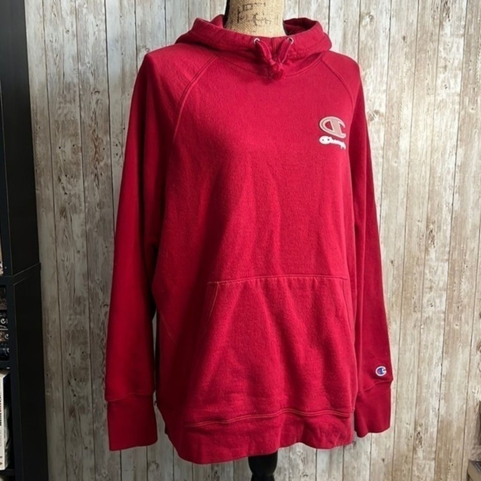 🌖 Champion Women’s Powerblend Logo Fleece Hoodie Sweatshirt Cranberry Red