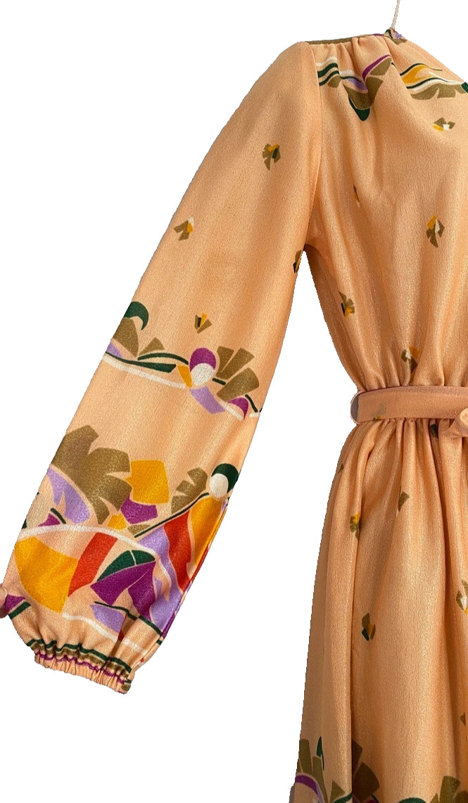 Vintage 1970s orange midi dress S M long balloon sleeve peach pullover sheer