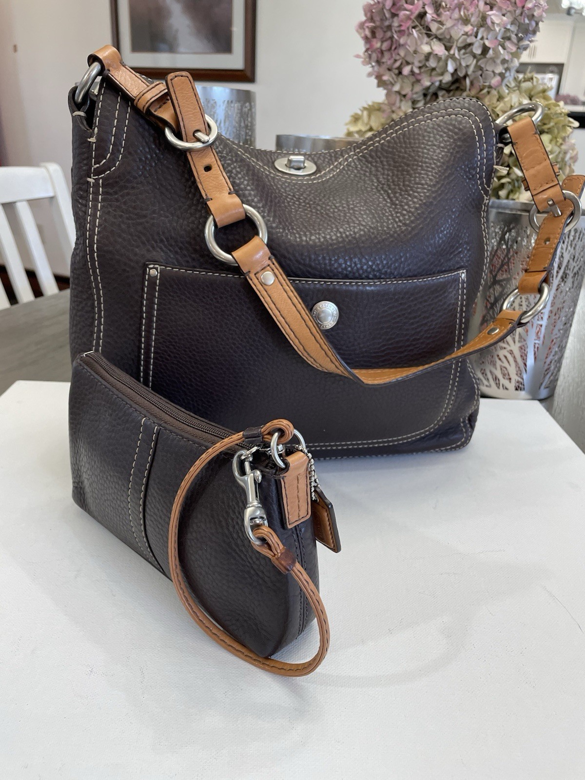 Coach Luxe Dark Brown Pebbled Leather Shoulder Bag Tote Purse w/ Wristlet Set