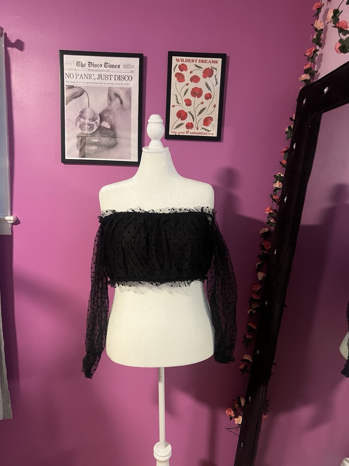 SHEIN Black Sheer Mesh Off Shoulder Polka Dot Ruffle Puff Sleeve Blouse 4XL