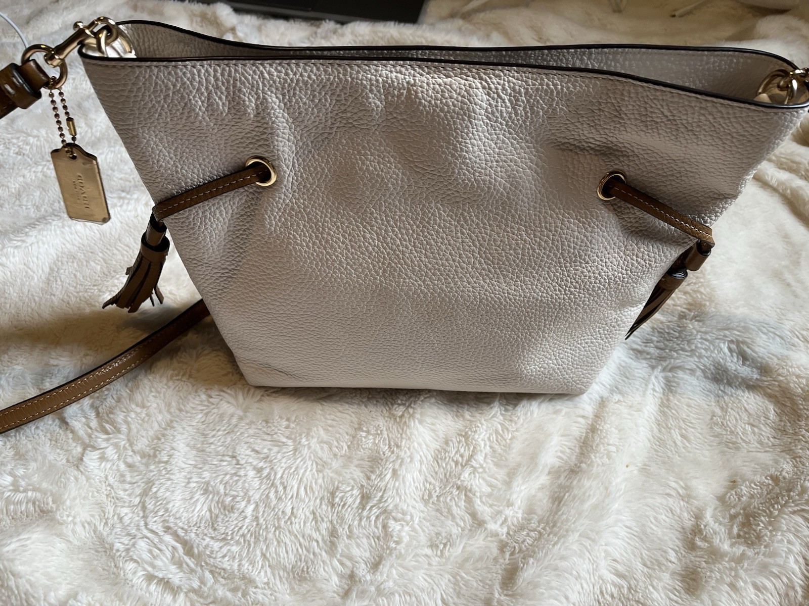 Coach Pebbled Beige Medium Crossbody, Brown Strap, Tassel, Gold Hardware