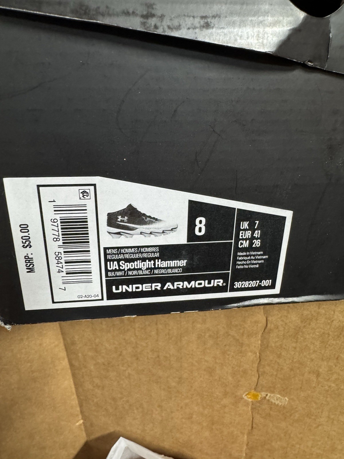 Under Armour Spotlight Hammer RM Football Cleats Men’s 8 Black/White