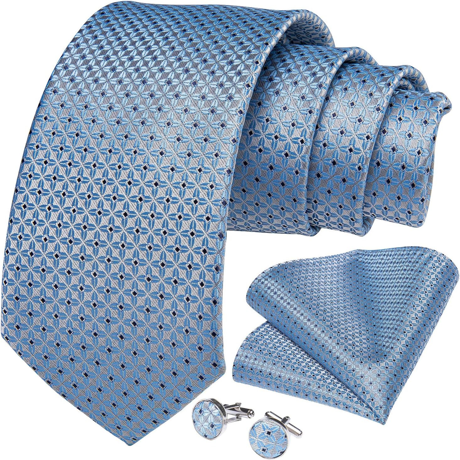 Mens Tie Set Silk Solid Paisley Necktie and Pocket Square Cufflinks Classic Form