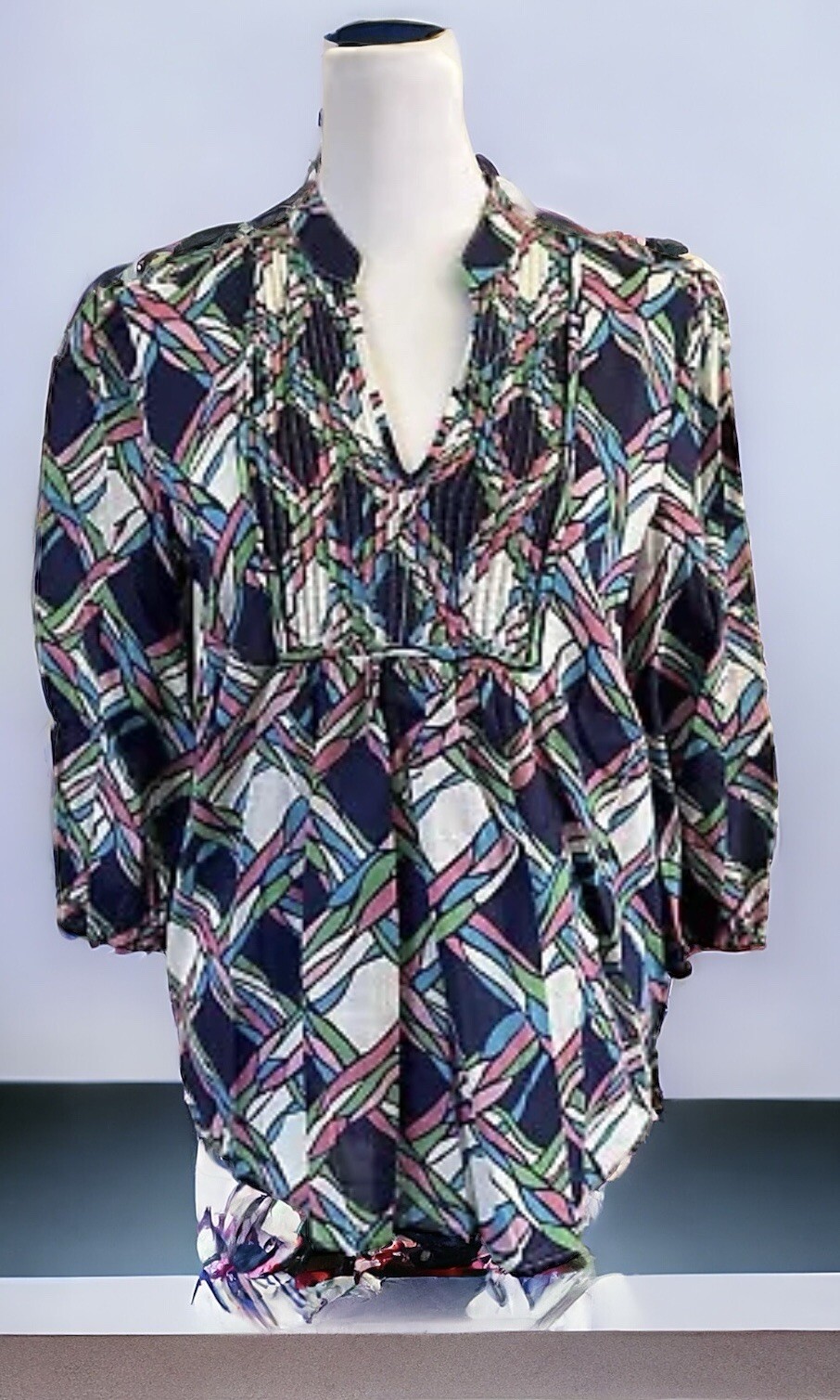 Lilly Pulitzer Pleated Peasant Top Multicolor Nautical Rope Print High V Neck XS