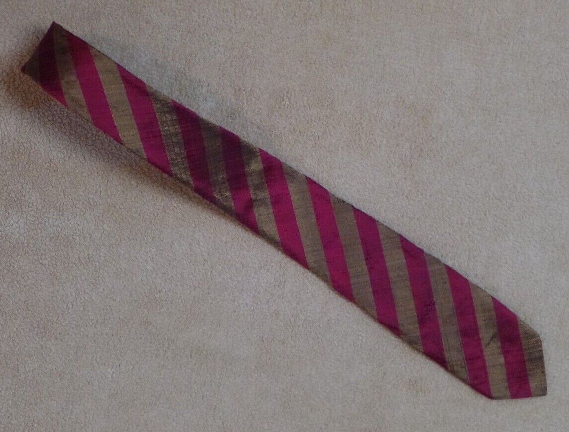 Vintage gold and red striped skinny necktie, silk, 2″ x 53″, Madras Handicrafts