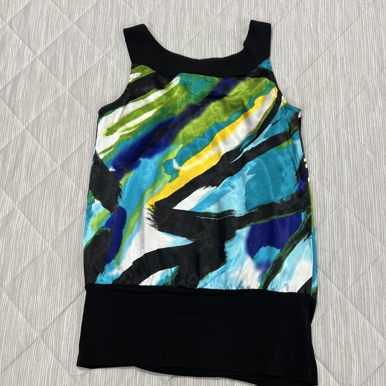 B Wear Tank Top Blouse Womens Small Black Sleeveless Colorful Stretch Artsy Boho